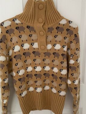 Zara Tan Sheep Pattern Button-Up Knit Sweater